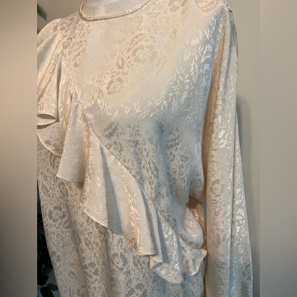 Pierre Cardin Dressy Vintage 80s Silky Satin Floral Ruffle Button Blouse - Picture 2 of 8